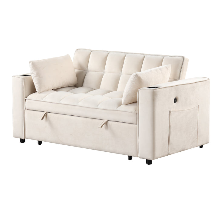 55.3" 4-1 Multi-functional Sofa Bed with Cup Holder and USB Port for Living Room or Apartments Milky White