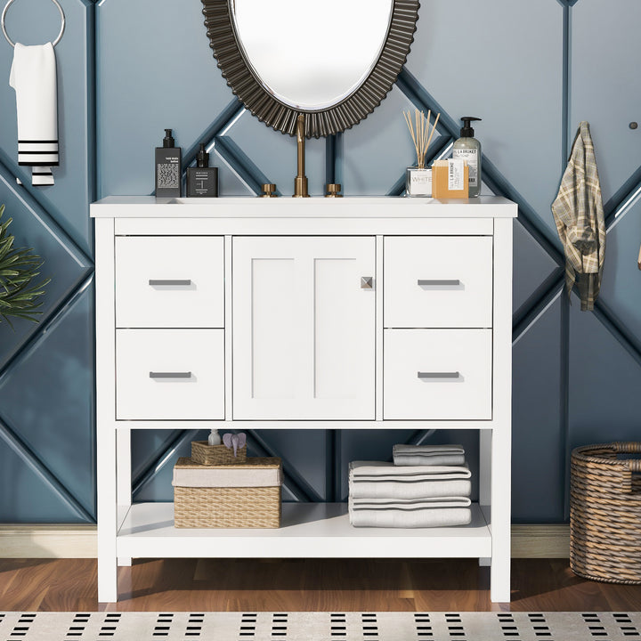 36" White Modern Bathroom Vanity with USB,Two Shallow Drawers, One Deep Drawer,One door,Single Resin Sink,Small Bathroom Organization Cabinet