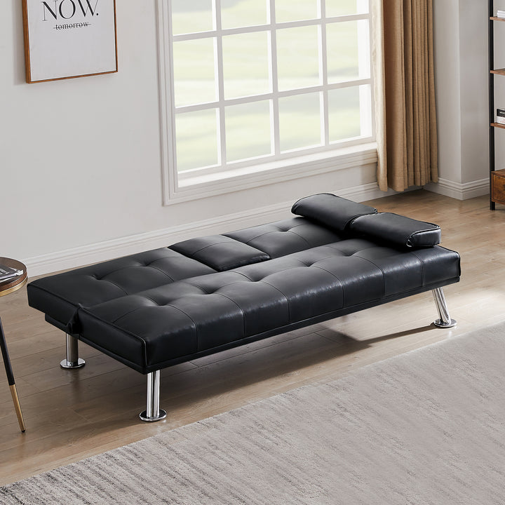 Black Faux Leather Loveseat Sofa Bed with Cup Holders , Convertible Folding Sleeper Couch Bed .