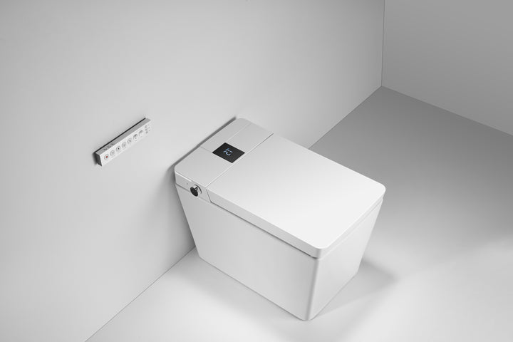 Multifunctional flat square smart toilet with automatic flush with remote control/foot sensor/night light/glass display White