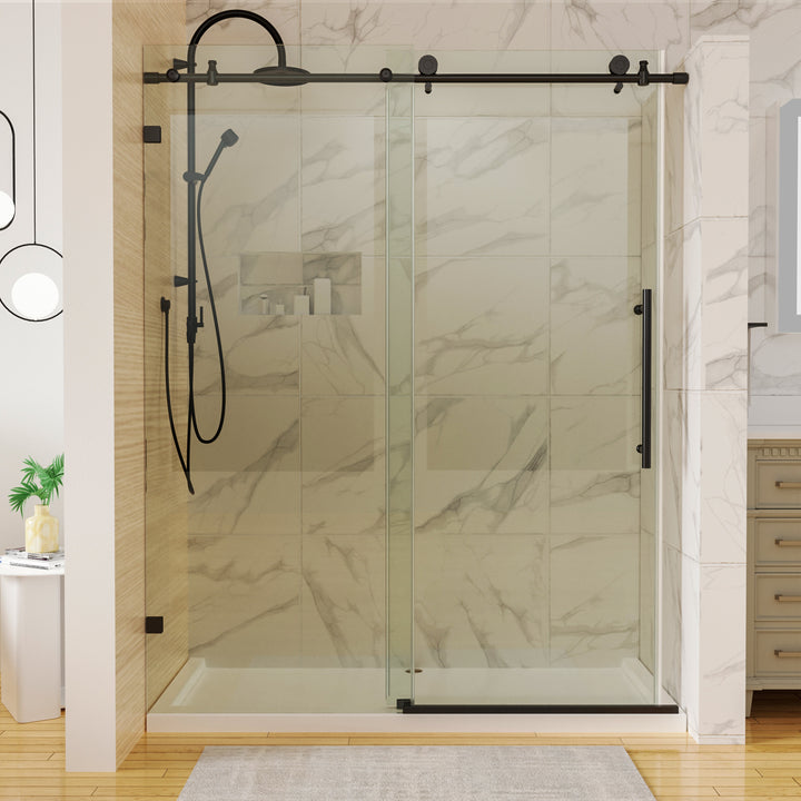 60 in. W x 74 in. H Sliding Frameless Shower Door in Matte Black with 5/16 in. (8 mm) Clear Glass