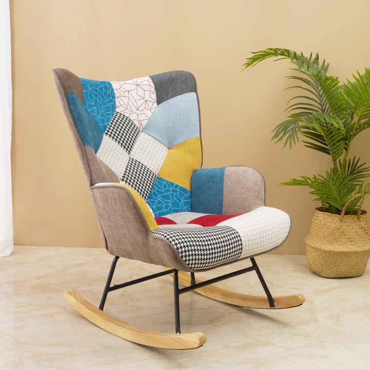 Rocking Chair, Mid Century Fabric Rocker Chair with Wood Legs and Patchwork Linen for Livingroom Bedroom