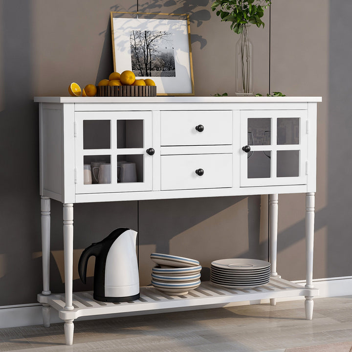 TREXM Sideboard Console Table with Bottom Shelf, Farmhouse Wood/Glass Buffet Storage Cabinet Living Room (White)