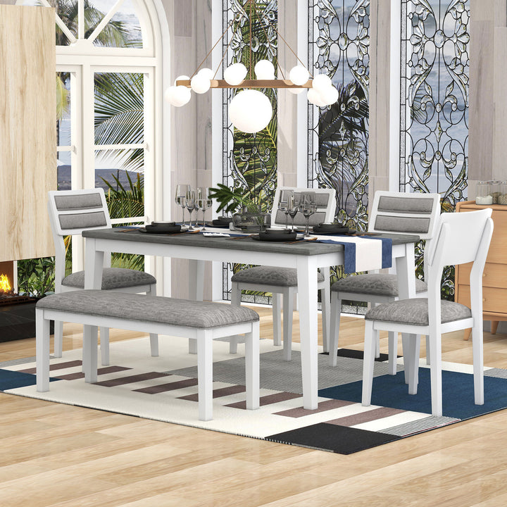 TREXM Classic and Traditional Style 6 - Piece Dining Set, Includes Dining Table, 4 Upholstered Chairs & Bench (White+Gray)