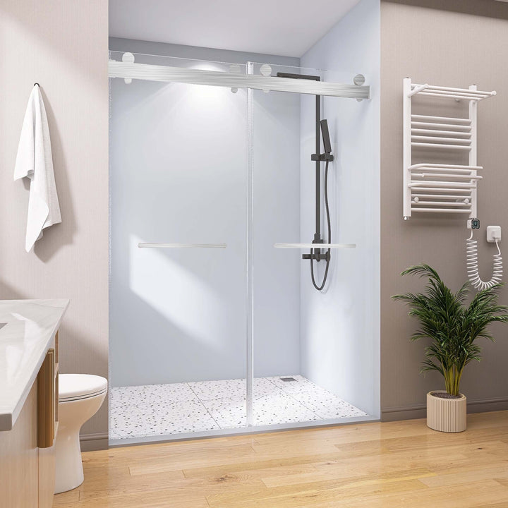 Frameless Double Sliding Shower, 57" - 60" Width, 79" Height, 3/8" (10 mm) Clear Tempered Glass, , Designed for Smooth Door with Clear Tempered Glass and Stainless Steel Hardware Brushed Nickel