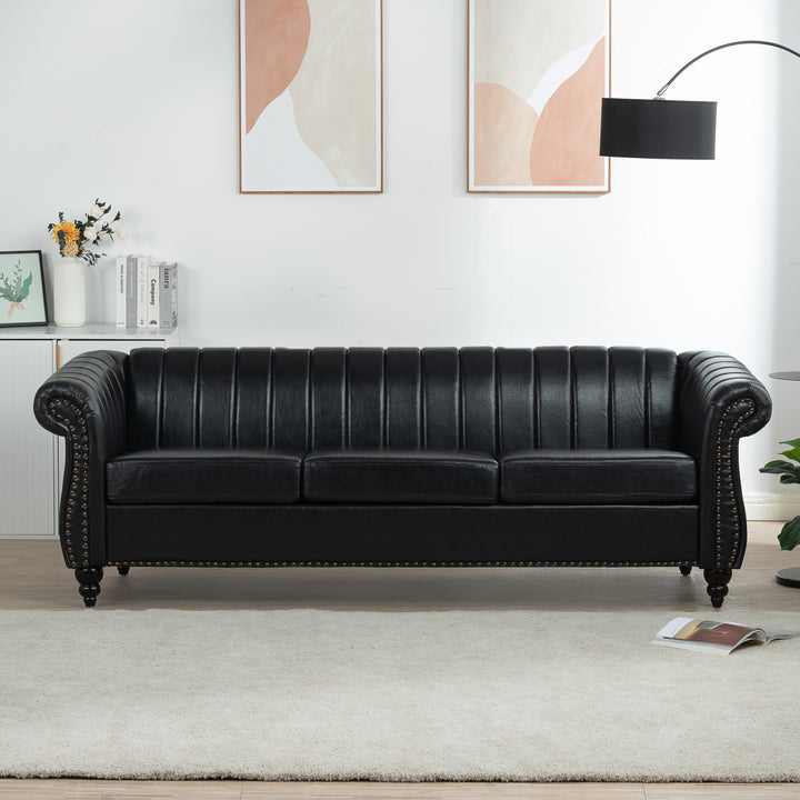 83.46'' Black PU Rolled Arm Chesterfield Three Seater Sofa.