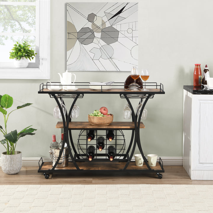 Industrial Bar Cart Kitchen Bar&Serving Cart for Home with Wheels 3 -Tier Storage Shelves