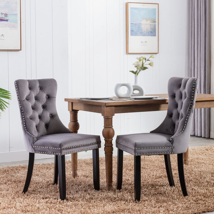 A&A Furniture,Nikki Collection Modern, High-end Tufted Solid Wood Contemporary Velvet Upholstered Dining Chair with Wood Legs Nailhead Trim  2-Pcs Set,Gray,SW1801GY