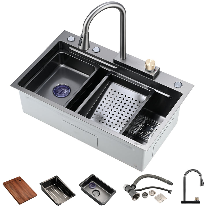 Kitchen Sink Flying rain Waterfall Kitchen Sink Set 30"x 18" 304 Stainless Steel Sink with Pull Down Faucet, and Accessories