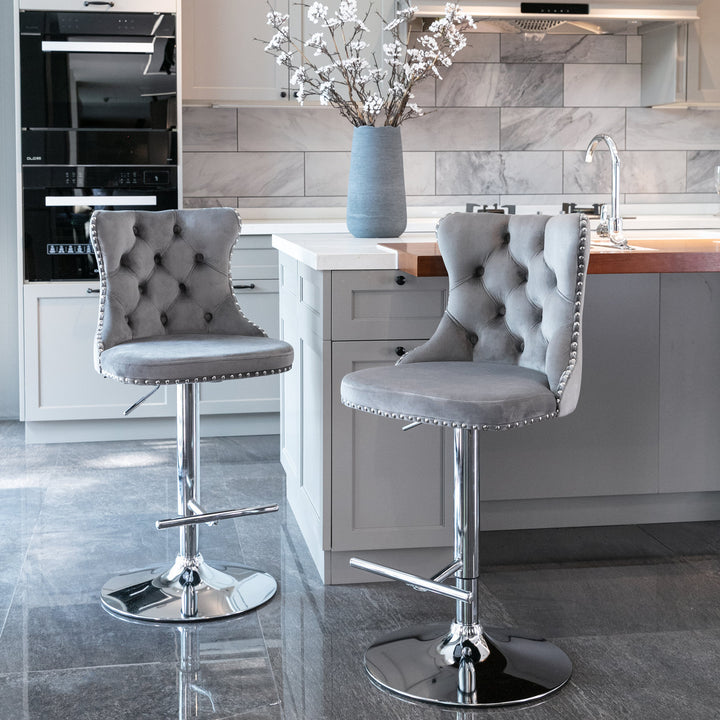 A&A Furniture,Swivel Velvet Barstools Adjusatble Seat Height from 25-33 Inch, Modern Upholstered Chrome base Bar Stools with Backs Comfortable Tufted for Home Pub and Kitchen Island（Gray,Set of 2）