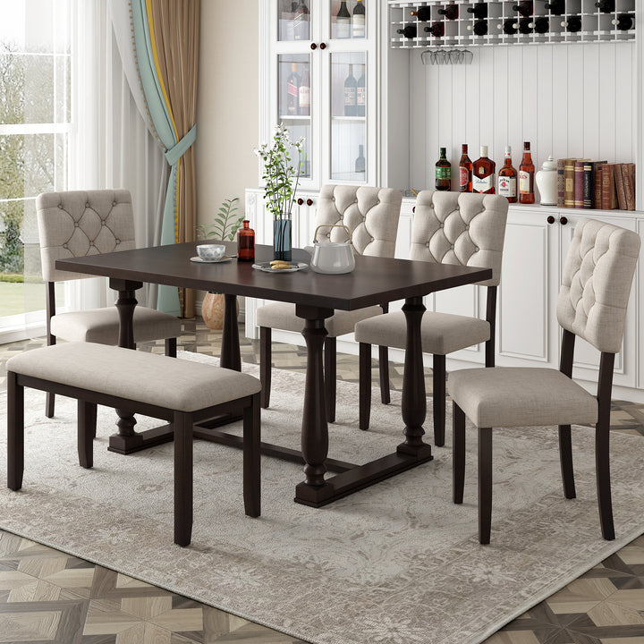 TREXM 6-Piece Dining Table and Chair Set with Special-shaped Legs and Foam-covered Seat Backs&Cushions for Dining Room (Espresso)