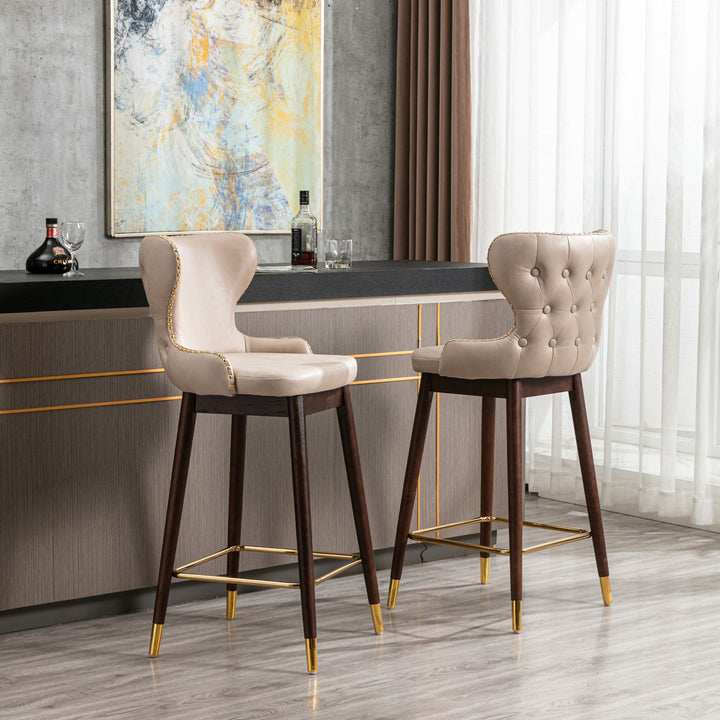 A&A Furniture,29.9" Modern Leathaire Fabric bar chairs, Tufted Gold Nailhead Trim Gold Decoration Bar stools,Set of 2 (Beige)