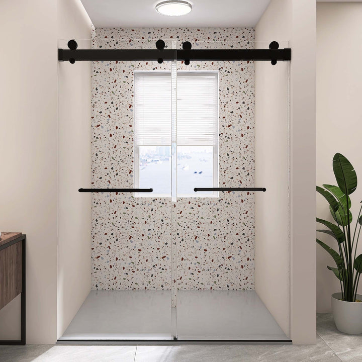 Frameless Double Sliding Shower, 57" - 60" Width, 79" Height, 3/8" (10 mm) Clear Tempered Glass, , Designed for Smooth Door Closing With Upgraded Crashproof System Technology Matte Black Finish