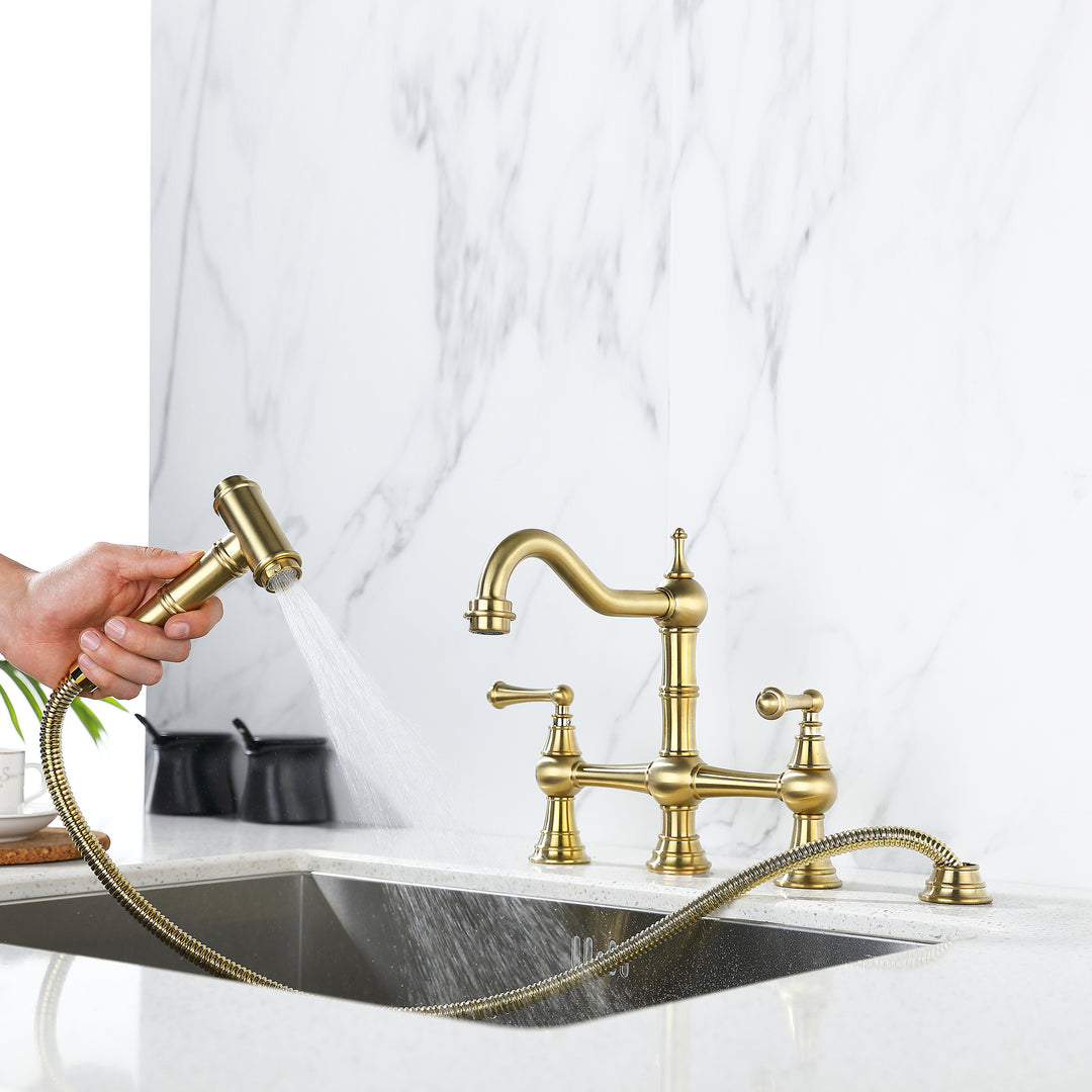 8 inch Centerset Bridge Kitchen Faucet with Brass Side Sprayer 2 Handles 4 Holes Antique Classic Heritage Deck-Mount Kitchen Sink Faucet