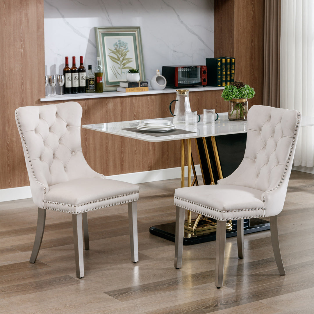 Nikki Collection Modern, High-end Tufted Solid Wood Contemporary Velvet Upholstered Dining Chair with Chrome Stainless Steel Plating Legs,Nailhead Trim,Set of 2，Beige and Chrome, SW1701BG