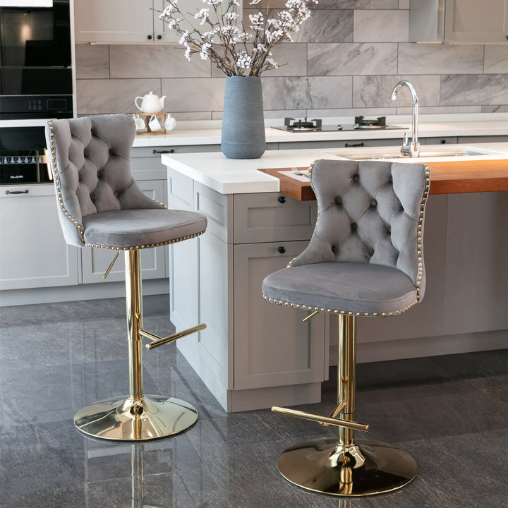 A&A Furniture,Golden Swivel Velvet Barstools Adjusatble Seat Height from 25-33 Inch, Modern Upholstered Bar Stools with Backs Comfortable Tufted for Home Pub and Kitchen Island（Gray,Set of 2）