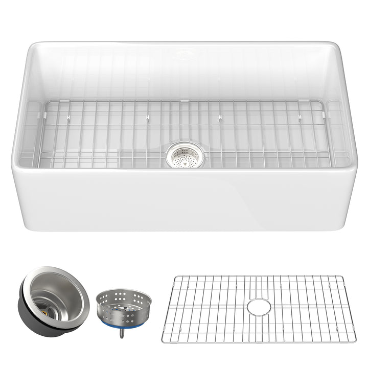 33  Inch Fireclay Farmhouse Kitchen Sink White Single Bowl Apron Front Kitchen Sink, Bottom Grid and Kitchen Sink Drain Included