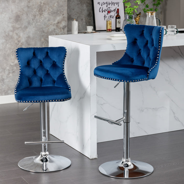 A&A Furniture,Swivel Velvet Barstools Adjusatble Seat Height from 25-33 Inch, Modern Upholstered Chrome base Bar Stools with Backs Comfortable Tufted for Home Pub and Kitchen Island（Blue,Set of 2）