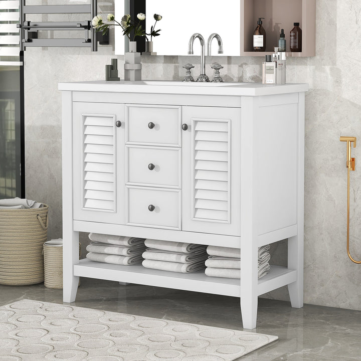 36" Bathroom Vanity with Ceramic Basin, Two Cabinets and Drawers, Open Shelf, Solid Wood Frame, White (OLD SKU: SY999101AAK)