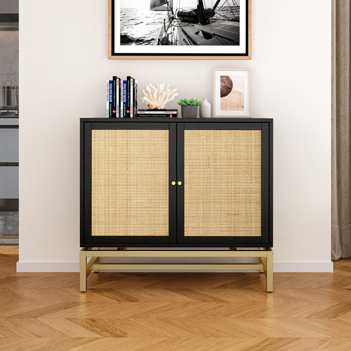 2 Door Cabinet, Natural Rattan 2 Door high cabinet, Built-in adjustable shelf, Easy Assembly, Free Standing Cabinet for Living Room Bedroom, Hallway