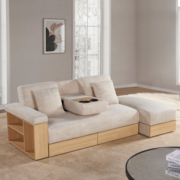 Multi-functional sofa, can sit, lie down, with storage box and drawer, and the storage sofa arm which can be used as tea table and pedal-beige