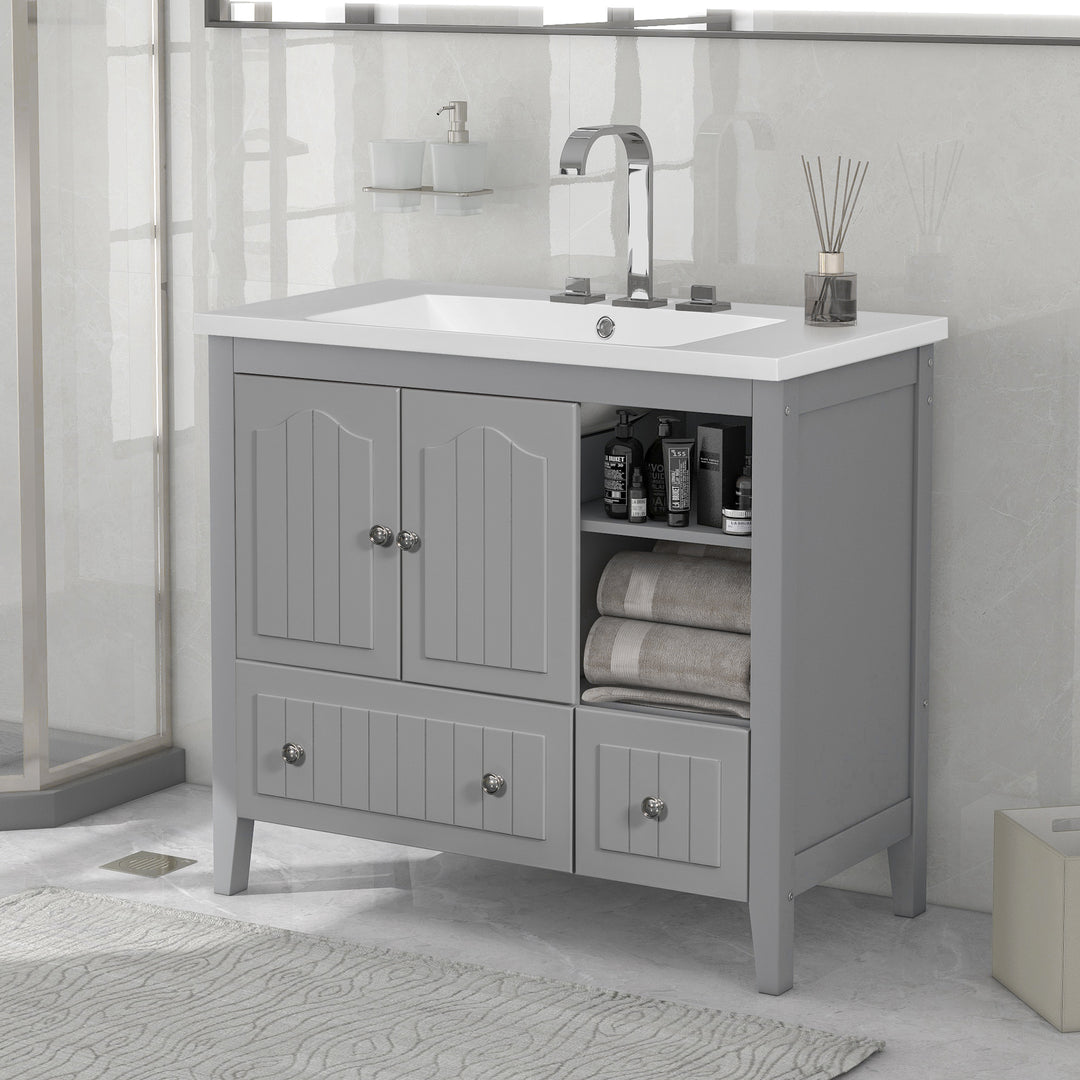 [VIDEO] 36" Bathroom Vanity with Ceramic Basin, Bathroom Storage Cabinet with Two Doors and Drawers, Solid Frame, Metal Handles, Grey (OLD SKU: JL000003AAE)