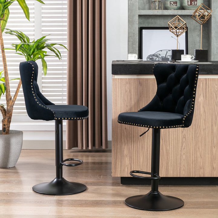 A&A Furniture,Swivel Velvet Barstools Adjusatble Seat Height from 25-33 Inch, Modern Upholstered Bar Stools with Backs Comfortable Tufted for Home Pub and Kitchen Island（Black,Set of 2）