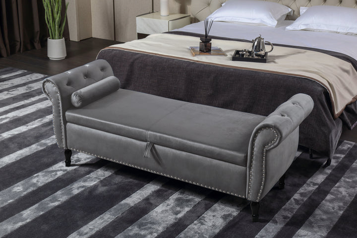 Aijia 63" Velvet Multifunctional Storage Rectangular Sofa Stool Buttons Tufted Nailhead Trimmed Solid Wood Legs with 1 Pillow,Grey