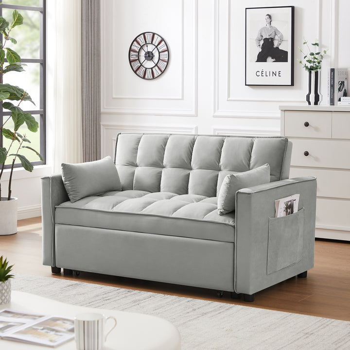 Modern Velvet Loveseat Futon Sofa Couch Pullout Bed, Small Love Seat Lounge Sofa w/Reclining Backrest, Toss Pillows, Pockets, Furniture for Living Room,3 in 1 Convertible Sleeper Sofa Bed,  Gray