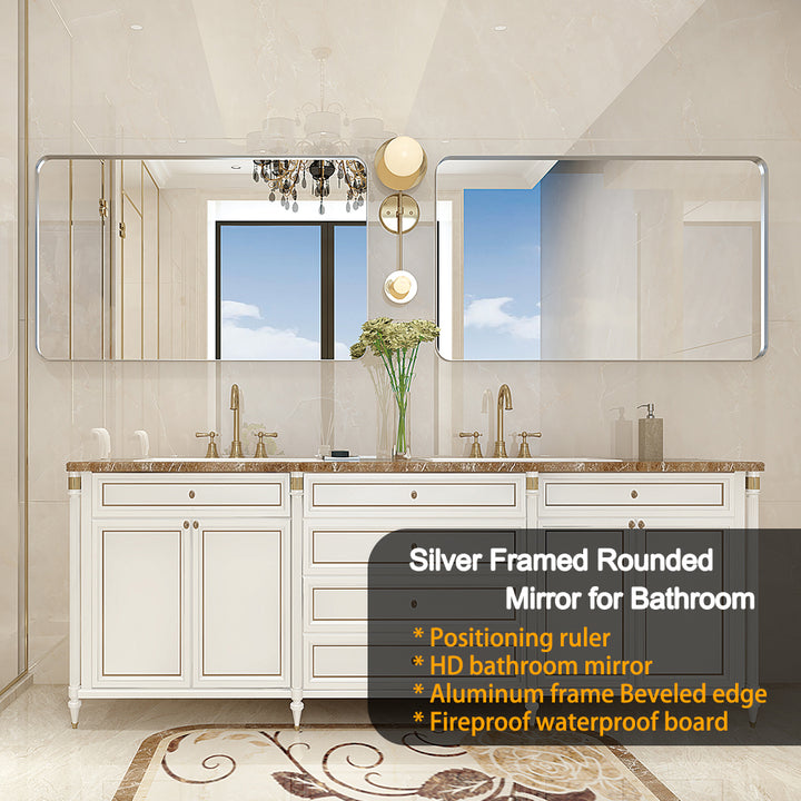 40x30inch Brushed Silver Rounded Corner Rectangle Bathroom Mirror For Wall Metal Frame Wall Mounted Bathroom Mirror Vanity Bathroom Mirror(Horizontal & Vertical)