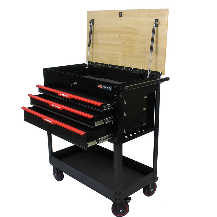 3 DRAWERS MULTIFUNCTIONAL TOOL CART WITH WHEELS AND WOODEN TOP