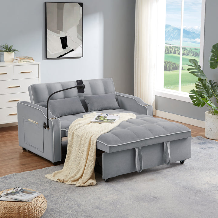 1 versatile foldable sofa bed in 3 lengths, modern sofa sofa sofa velvet pull-out bed, adjustable back and with USB port and ashtray and swivel phone stand (grey)