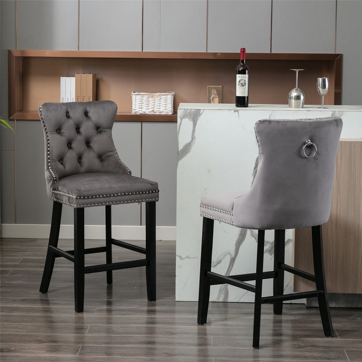 A&A Furniture,Contemporary Velvet Upholstered Barstools with Button Tufted Decoration and Wooden Legs, and Chrome Nailhead Trim, Leisure Style Bar Chairs,Bar stools, Set of 2 (Gray)
