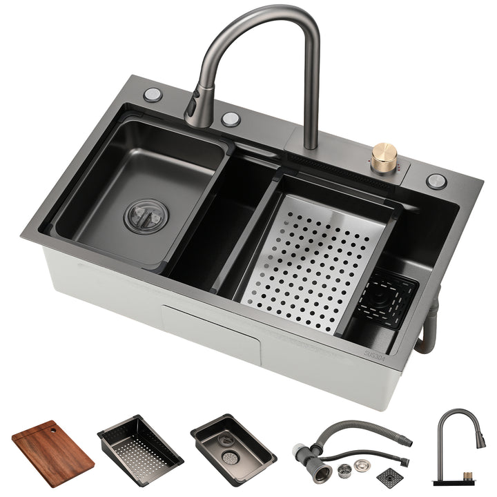 Kitchen Sink Flying rain Waterfall Kitchen Sink Set 30"x 18" 304 Stainless Steel Sink with Pull Down Faucet, and Accessories