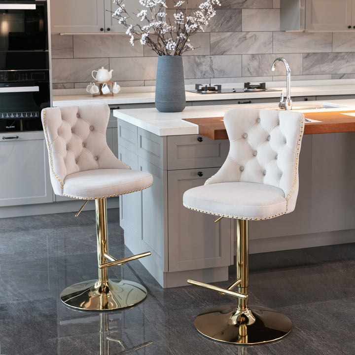 A&A Furniture,Golden Swivel Velvet Barstools Adjusatble Seat Height from 25-33 Inch, Modern Upholstered Bar Stools with Backs Comfortable Tufted for Home Pub and Kitchen Island（Beige,Set of 2）